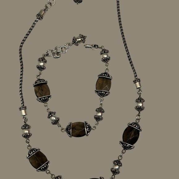 Brighton Night Mist Silver Tone Scrolled Smokey Quartz Stone Necklace & Bracelet - Picture 3 of 13